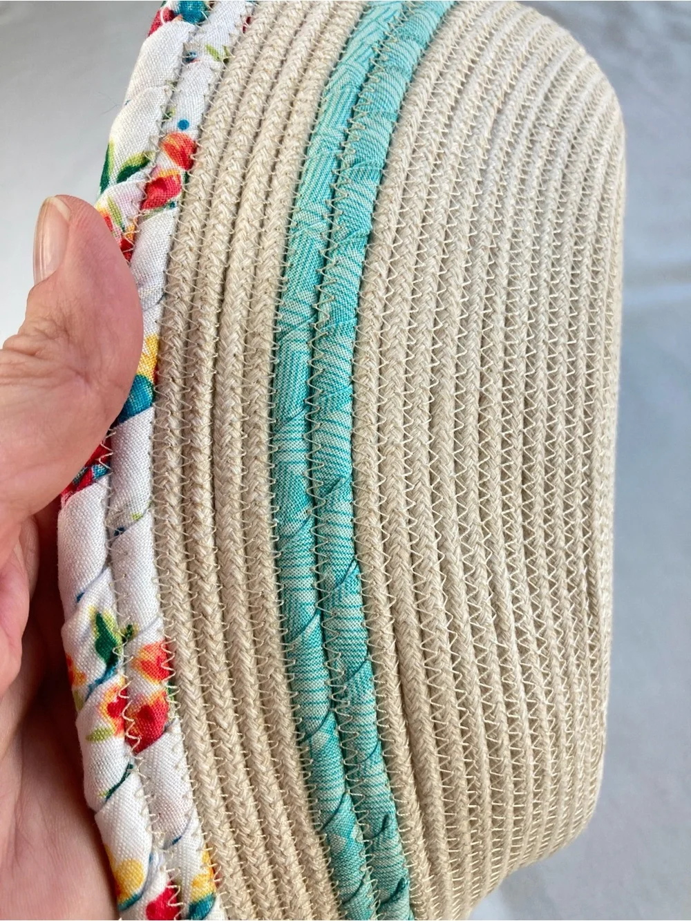 Handcrafted Coiled Fabric Floral Rope Bowl Farmhouse Pioneer Woman